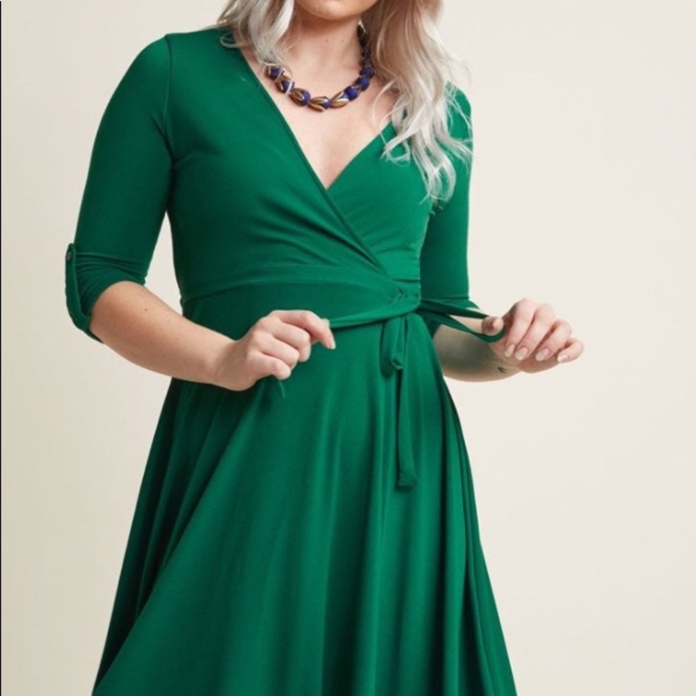 ModCloth Fit and Flare Swing Green Wrap Dress